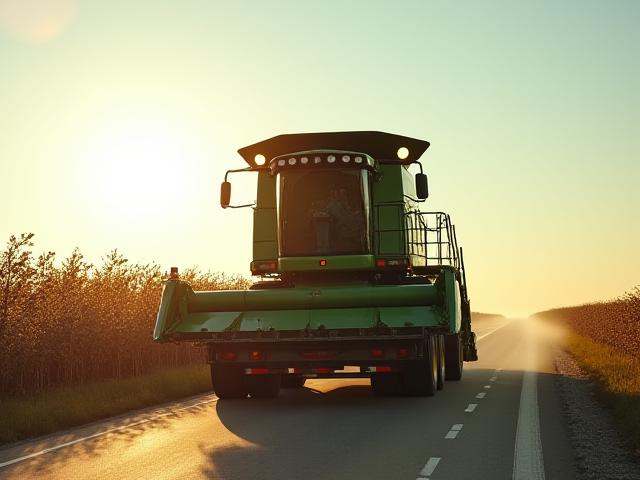 Large combine harvester on a step-deck trailer