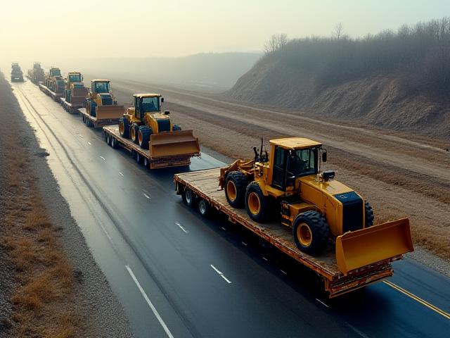 Bulldozer fleet transport on lowboys