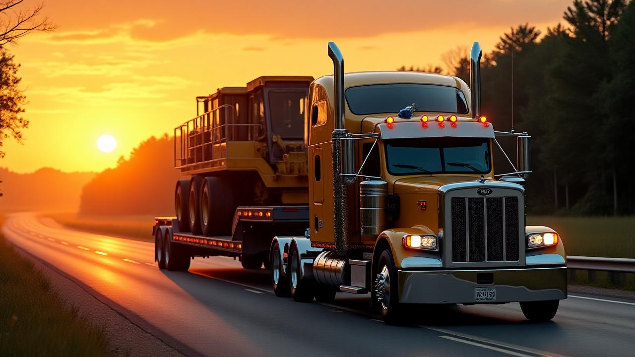 Large excavator on a specialized lowboy trailer at sunset