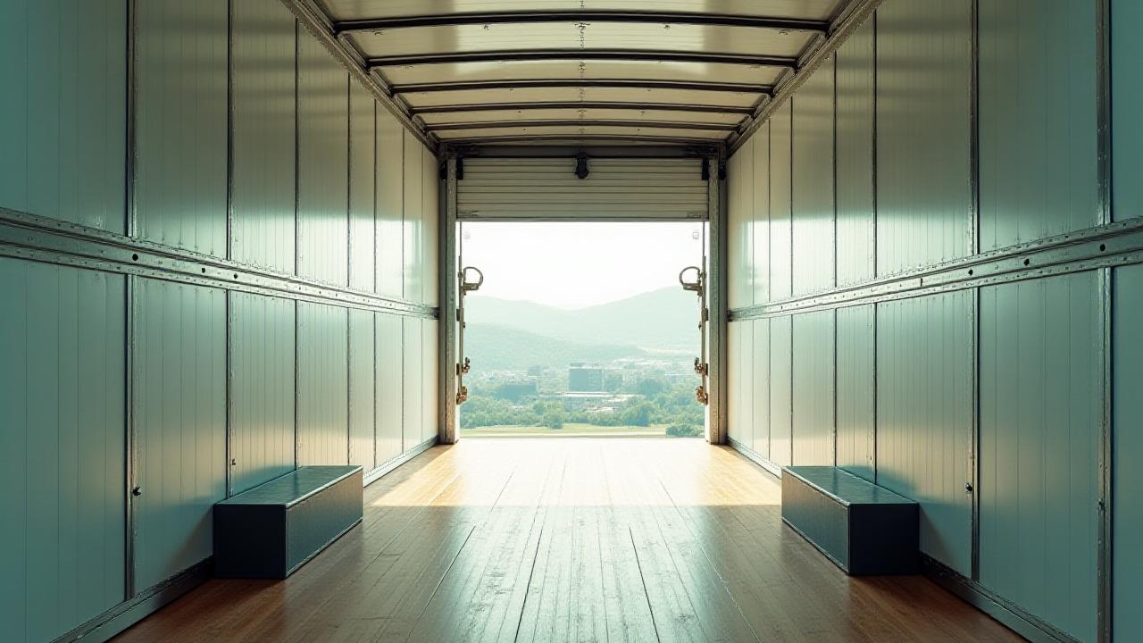 Inside a clean, professionally organized dry van trailer loaded with commercial freight