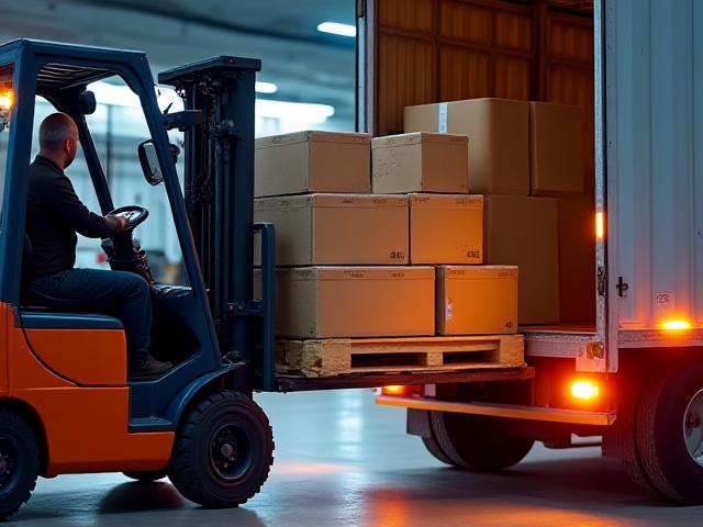 Logistics professionals carefully loading pallets into a freight truck for LTL consolidation