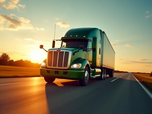 A powerful Cowboys Trucking semi-truck moving efficiently along a highway during golden hour