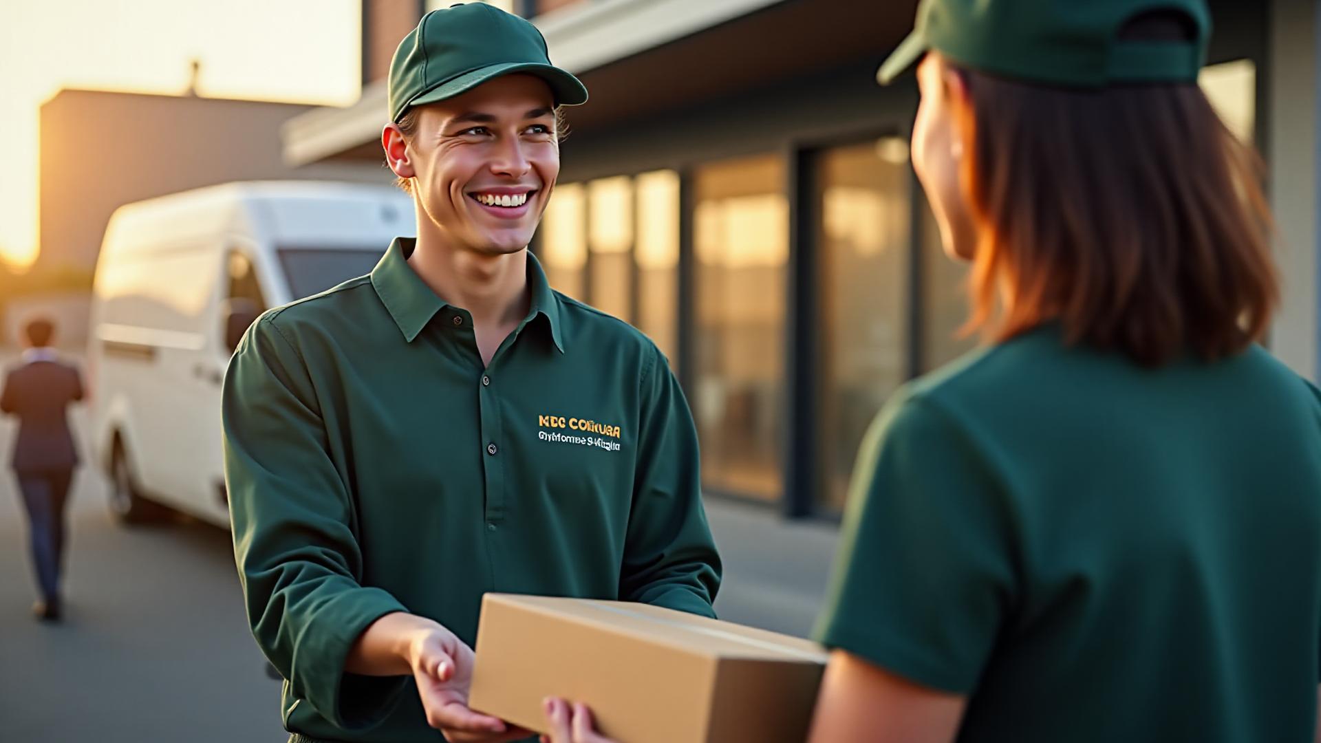 Professional delivery driver handing a package to a business owner in Indianola